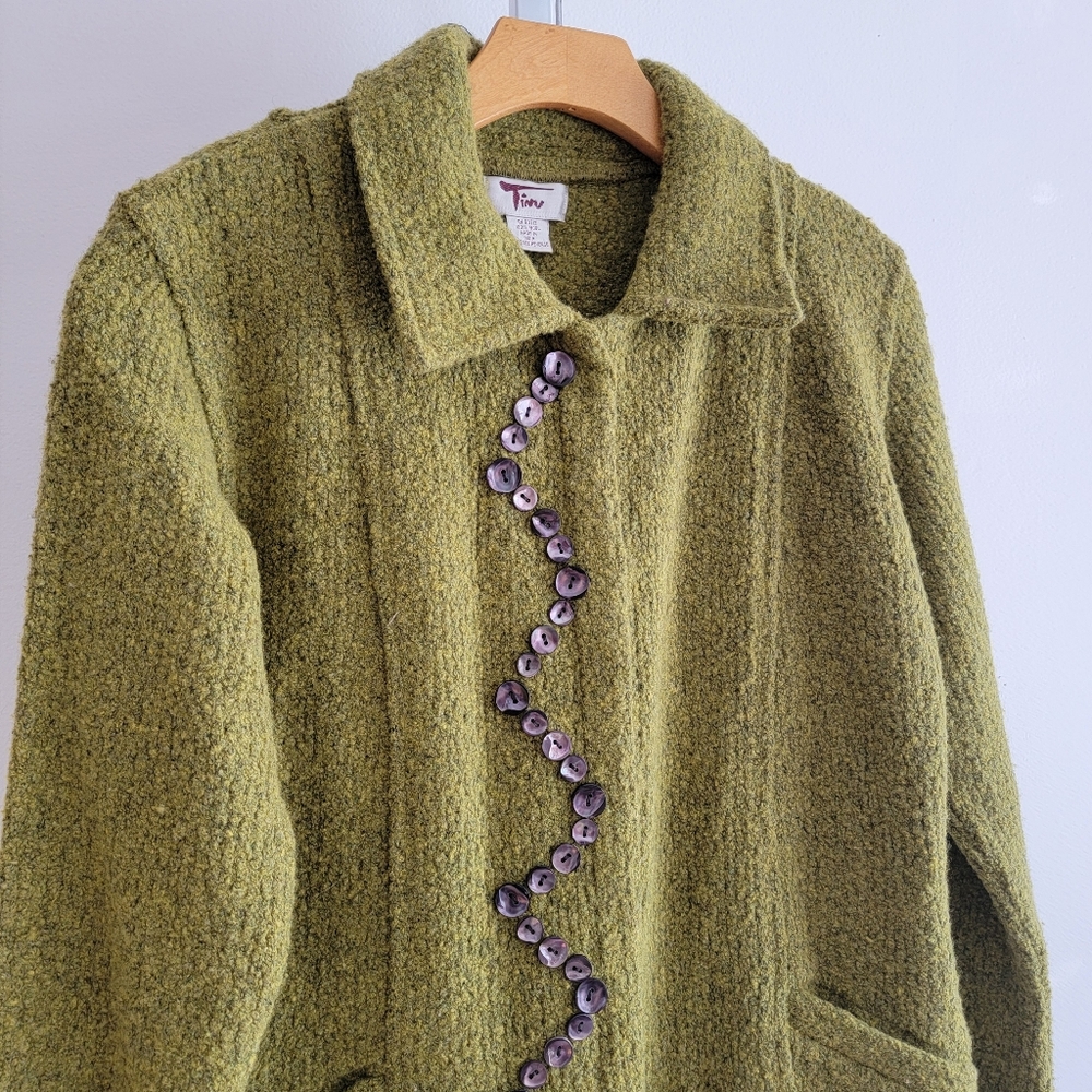 Tinu & Stu Vintage Wool Olive Green Magnetic Snap Jacket Beautiful Buttons Small